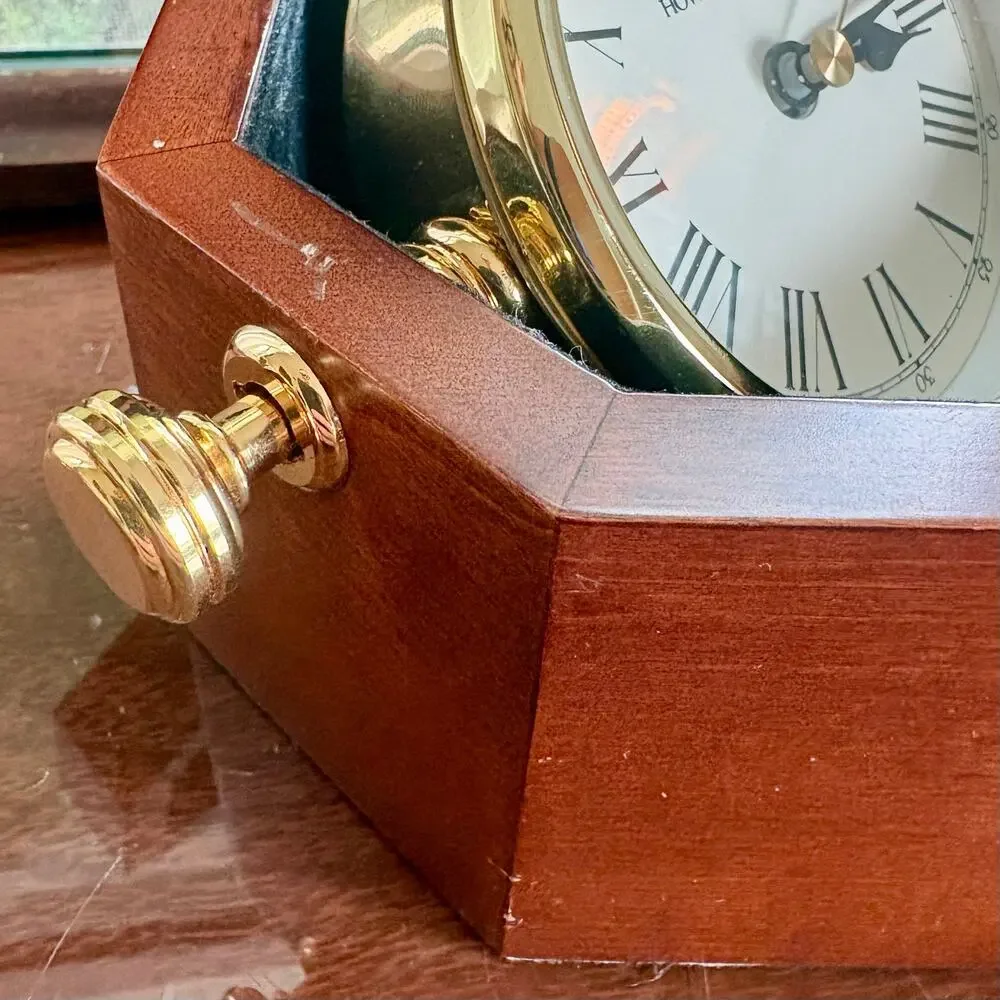 Vintage Howard Miller Hinged Wood Desk Clock Rotating Brass Roman Numeral